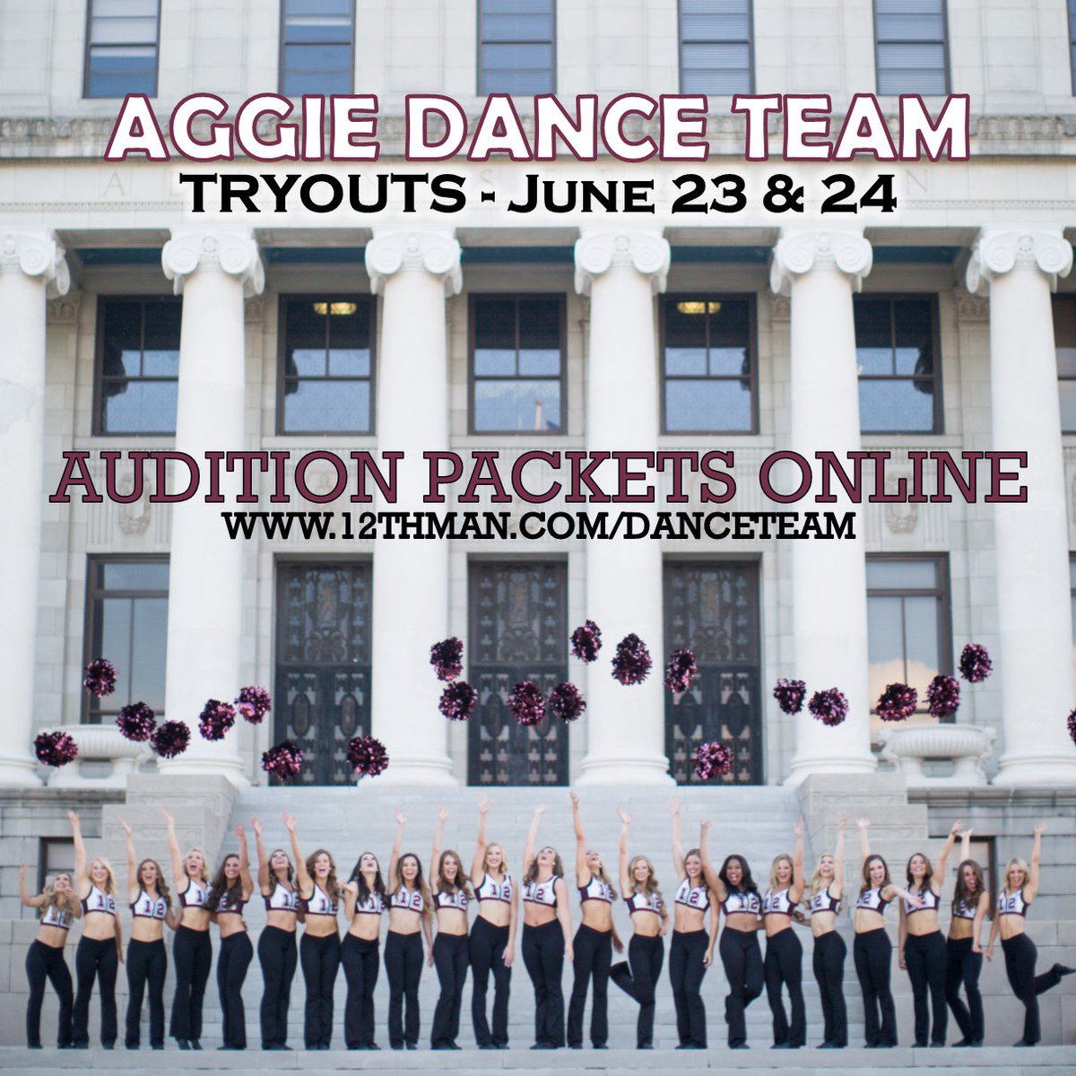 AggieDanceTeam's tweet photo. 2018 - 2019 Audition Packets are now ONLINE! Please read the instructions carefully - applications should be submitted via email to aggiedanceteam@athletics.tamu.edu. Check out the "Tryouts" tab at https://t.co/iDnkOCWxe6 or this link: https://t.co/mpjun6Z5Hu GOOD LUCK! https://t.co/XKSetO5Ilk