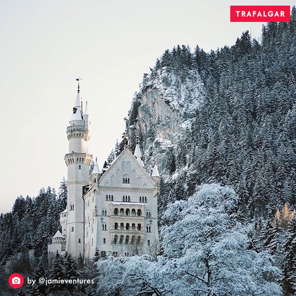 TrafalgarTalk's tweet photo. This snow-capped castle looks straight out of a fairytale but, where is it? Reply to this Tweet and let us know your answer!  🏰 👇 https://t.co/5xJ1aM914n