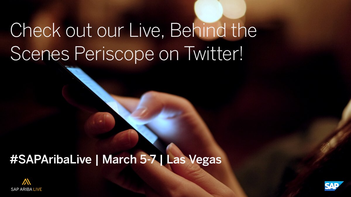 JamesMarland's tweet photo. We are live streaming on #periscope at 4:45 pm, PST. Join me and @mvollmer1 as we wrap up the conference. Use this hashtag: #SAPAribaLive https://t.co/wjvH08lX3V