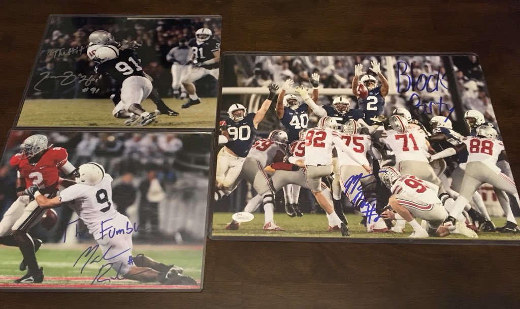PSULions09's tweet photo. Three of the most iconic plays in @PennStateFball history vs rival #OhioState. @TambaHali91 sack/FF of Troy Smith in 2005. @MarkRubin9 FF of Terrelle Pryor in 2008. @Chico_Hndrxx block FG in 2016. #WeAre #NutCrushers #PSUnrivaled https://t.co/k9RYjua46M