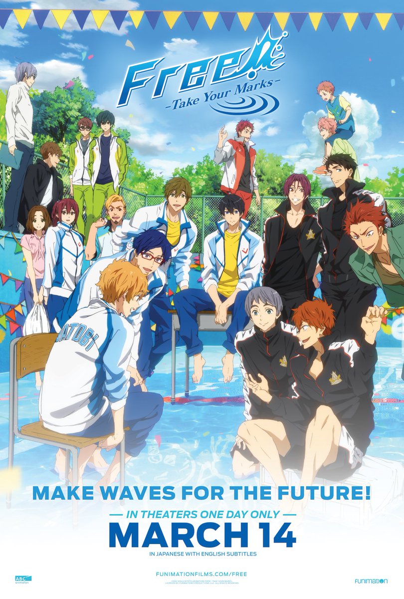 Funimation's tweet image. Speaking of... who could use a HUGE and GORGEOUS Free! poster on their bedroom wall? Reply to this tweet with a picture of your ticket confirmation or ticket stub to the movie by March 15 (the day after the showing) and we’ll choose TEN winners to get this poster! #FreeTYM