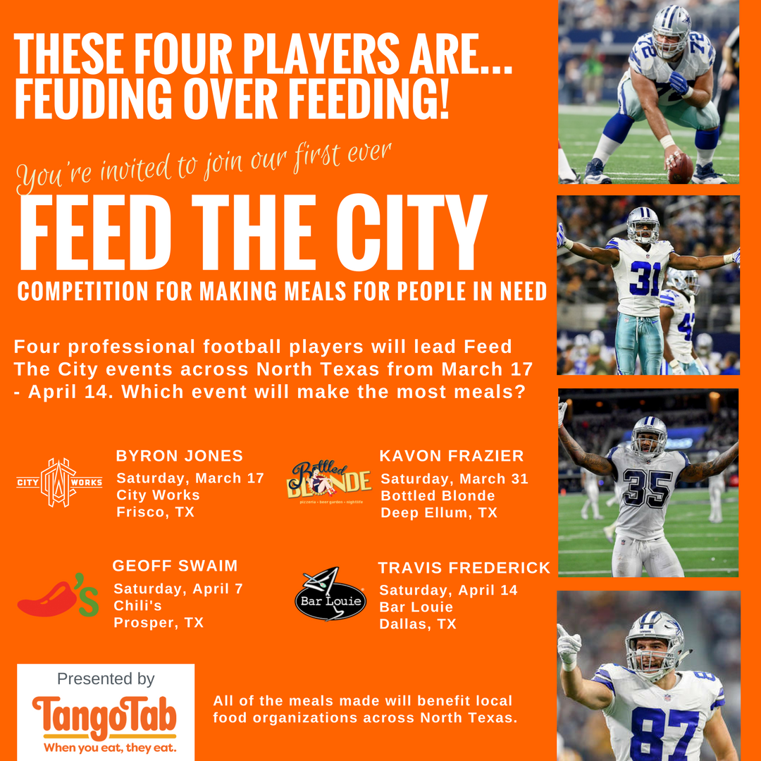 TangoTab's tweet image. Cant wait for our #FeedTheCity #Competition. 4 @dallascowboys will compete to feed the most people in need. What&apos;s amazing is that even when the guys compete and try to beat each other’s records, the community is the biggest winner! 

#TangoTab #WhenYouEatTheyEat