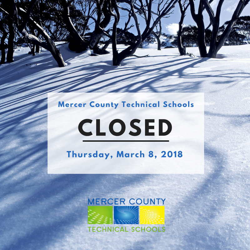 mctsnj's tweet photo. **IMPORTANT MESSAGE** Mercer County Technical Schools will be CLOSED on THURSDAY, MARCH 8, 2018. Adult Evening programs are cancelled. The Health Careers Center Open House is also cancelled. https://t.co/Qahvce9WGq