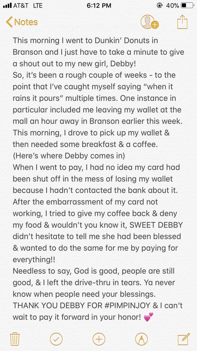 Madisonbell09's tweet photo. HUGE THANK YOU TO MY GIRL DEBBY FOR #pimpinjoy and being an absolute blessing to me this morning! ❤️

(Ps, if you know Debby tell her I love her and want to buy her breakfast, too)

#tellmesomethinggood 
@dunkindonuts 
@bobbybonesshow https://t.co/0DxucwOcpl