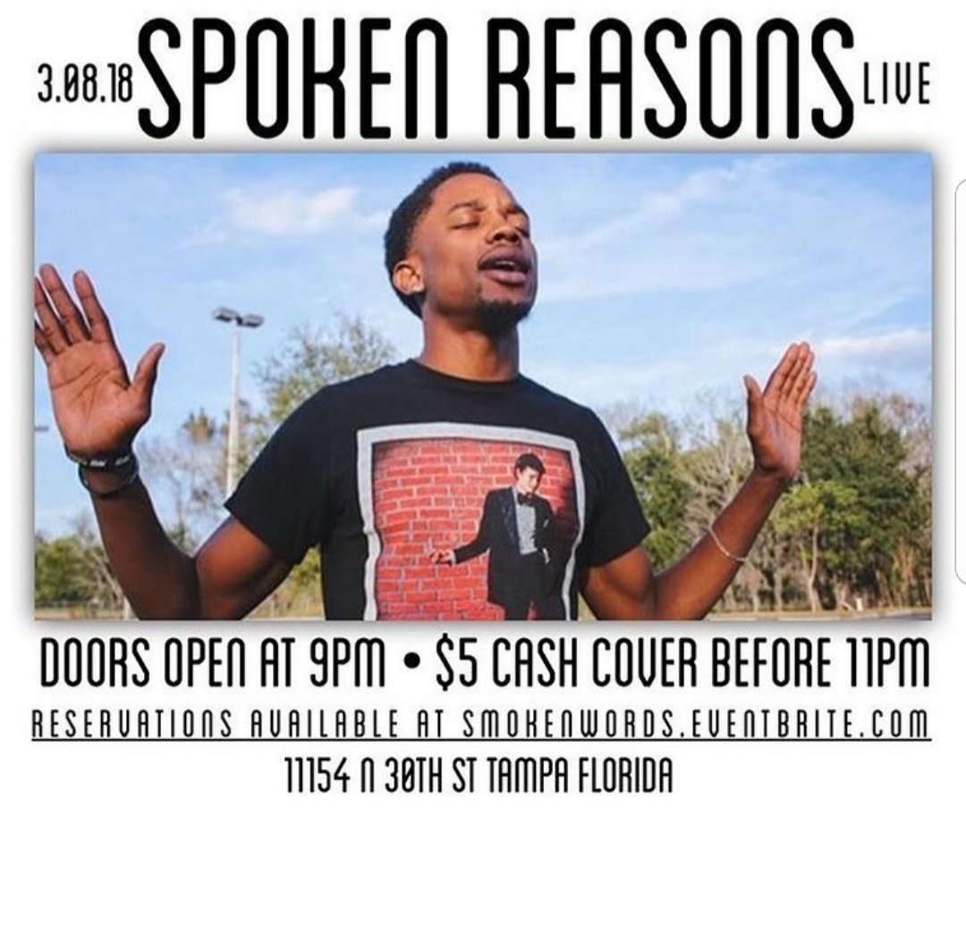 AlexiaMcKayProd's tweet photo. I been following this guy since his YouTube days. If you're in Tampa and love poetry come out tomorrow to see @SpokenReasons and others ๐ #smokenwords https://t.co/FDD2AjPMsg