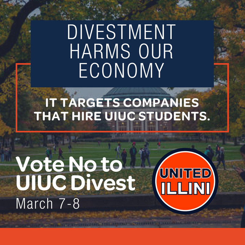 Divestment harms are economy and our students. Vote NO to divestment.

Vote NO at vote.illinois.edu