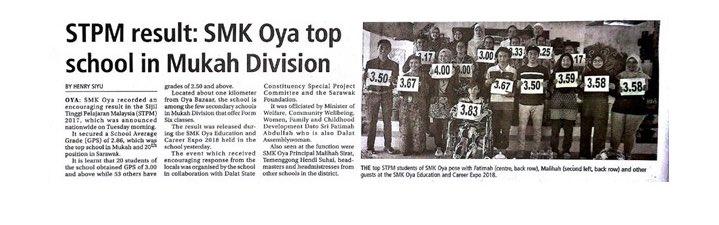 KemPendidikan's tweet photo. #STPM2017 : SMK Oya top school in Mukah Division
Sarawak Tribune 8 Mac 2018 https://t.co/tetEiAoGpa