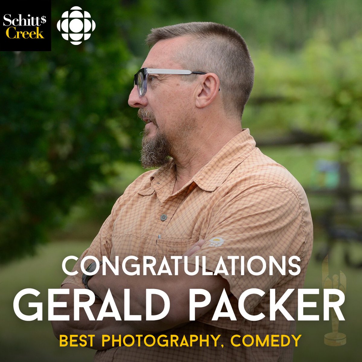 SchittsCreek's tweet photo. Congratulations, Gerald Packer! #CdnScreenAwards winner for Best Photography, Comedy! #SchittsCreek https://t.co/cZKa4qx2yh