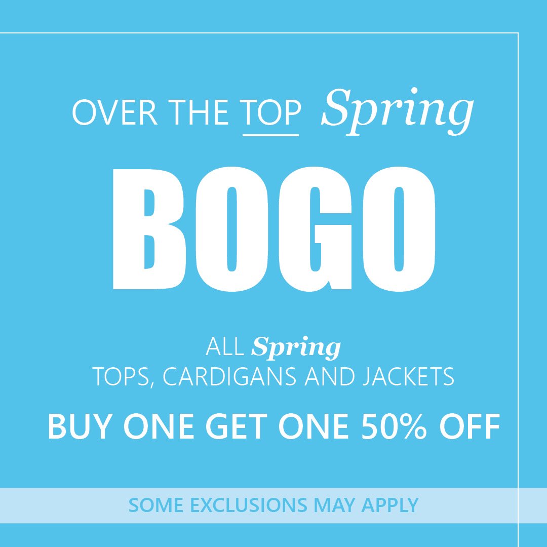 suzannesstyle's tweet photo. Spring over the top BOGO event on now! 😍
Buy ONE get ONE 50% off Spring tops, cardigans and jackets.
Some exclusions may apply, see details in store.
#SuzannesStyle #SpringBOGO #LoveSuzannes https://t.co/Y47DpYqVo6