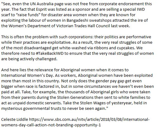riserefugee's tweet photo. "White women do not own feminism, and neither should corporations"
by @Utopiana https://t.co/G8wbZhZV24 via @NITV
#IWD2018 #IWD #Indigenous #Australia #TakeBackIWD https://t.co/LA3X0aqevr