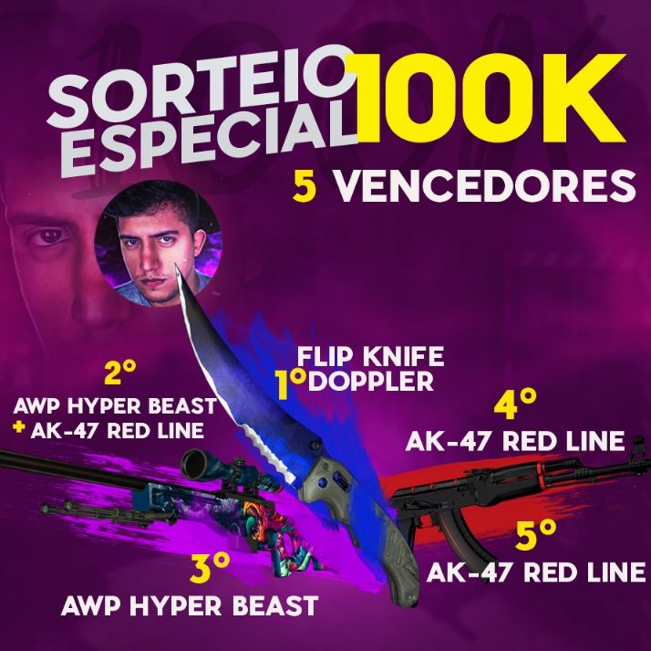 Cachorro1337's tweet photo. Vocês já passaram no SORTEIO ESPECIAL DE 100 MIL INSCRITOS? 💥
1º Sorteado: Flip Doppler FN
2º Sorteado: AWP Hyper Beast FT + AK-47 Redline FT
3º Sorteado: AWP Hyper Beast FT
4º e 5º Sorteados: AK-47 Redline FT

#RT e cumpra as entradas: https://t.co/7xaBREKZCU https://t.co/vBRri7ymRL
