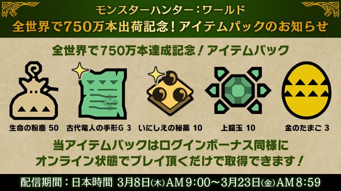 モンハン ワールド 全世界750万本出荷を記念したアイテムパックが配信中 インサイド