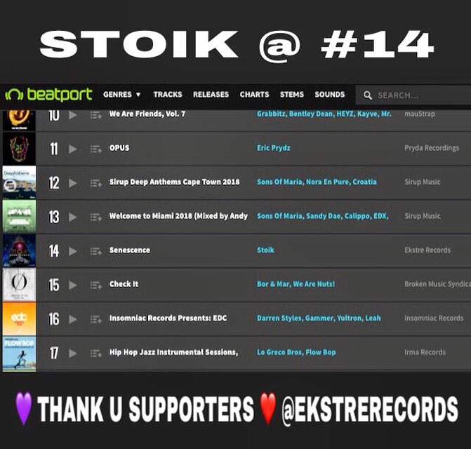 ekstrerecords's tweet photo. Lots of love to everyone supporting STOIK’S new album❤️ Sliding into No.14 @Beatport TOP💯 DANCE Releases🔥 WED, MAR 7, 2018 Pls checkout his Senescence LP on #beatport &amp; everywhere else🎶🌎 Let’s help him hit #1 fam 🕉 💜 @EkstreRecords https://t.co/TzOQJc5usH https://t.co/i19Q70Eqhg