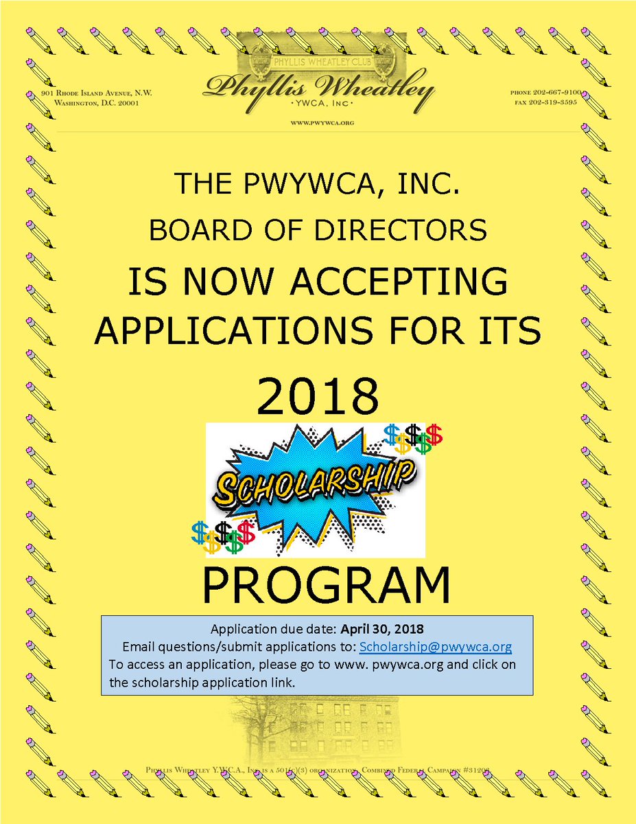PWYWCAInc's tweet photo. ATTN: The Phyllis Wheatley YWCA @PWYWCAInc is now accepting scholarship applications.  Please see flyer below or go to https://t.co/jJCda6eLfU for more information.  Scholarship deadline is April 30, 2018 https://t.co/CqbL1YaEOK