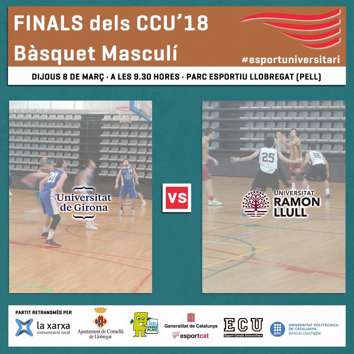 ESPORTSURL's tweet photo. 🏅Finals #CCU18 #BasquetMasc
📍 Parc Esportiu LLobregat #PELL 
⏰ 9.30 h.
UdG vs. URL
#esportuniversitari #esportcat #Cornella #VilaEsportivaUniversitaria #verdplay
📺Viu-les en directe @laxarxa de televisions locals i també pel canal 159 de @MovistarPlus. https://t.co/ASx98DCVnd