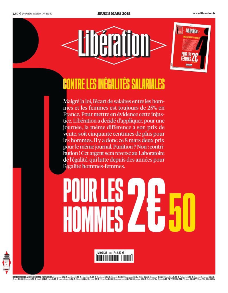 fredfougerat's tweet photo. Pour mettre en évidence l'écart de salaires de 25% entre les hommes et les femmes en France, @libe applique la même différence à son prix de vente pour la #journeedesdroitsdesfemmes.
#communication #presse https://t.co/T4bq2qKj4r