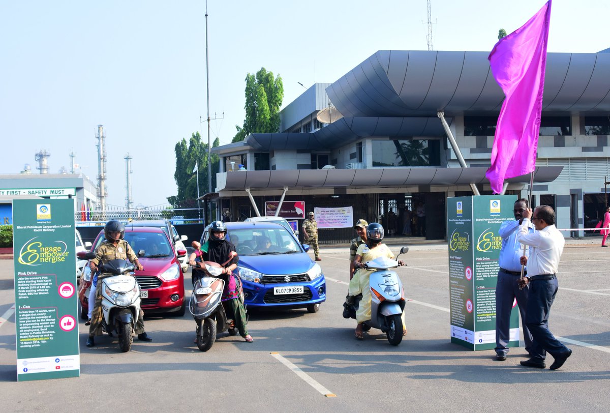 KochiRefinery's tweet photo. #PinkDrive for cancer awareness by Women Employees of #BPCL #KochiRefinery at 8:00am this morning. ED(KR) flagged off the rally along with CGM(HR) to mark the launch of the #InternationalWomensDay programmes at KR. Health is key to #StreeShakti https://t.co/JXKhcNNUU3