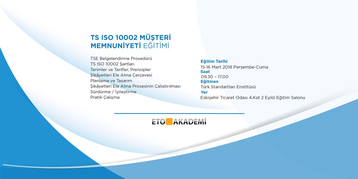 TSE işbirliğinde 15-16 Mart'ta TS ISO 10002 MÜŞTERİ MEMNUNİYETİ EĞİTİMİ düzenliyoruz. Ayrıntılı bilgi ve kayıt: etonet.org.tr/akademi  #EtoAkademi