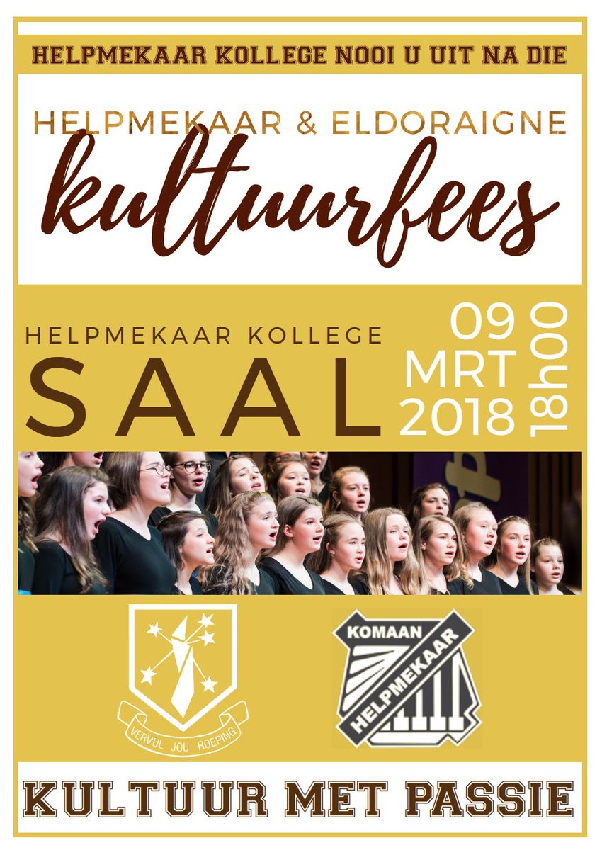 HelpmekaarSA's tweet photo. Helpmekaar Kollege nooi u uit na die Helpmekaar en Eldoraigne Kultuurfees
Waar: Helpmekaar SAal
Datum: 09 Maart 2018
Tyd: 18:00
#KultuurmetPassie #Eldoraigne #Kultuurfees #Helpies https://t.co/s97fF4BdWD