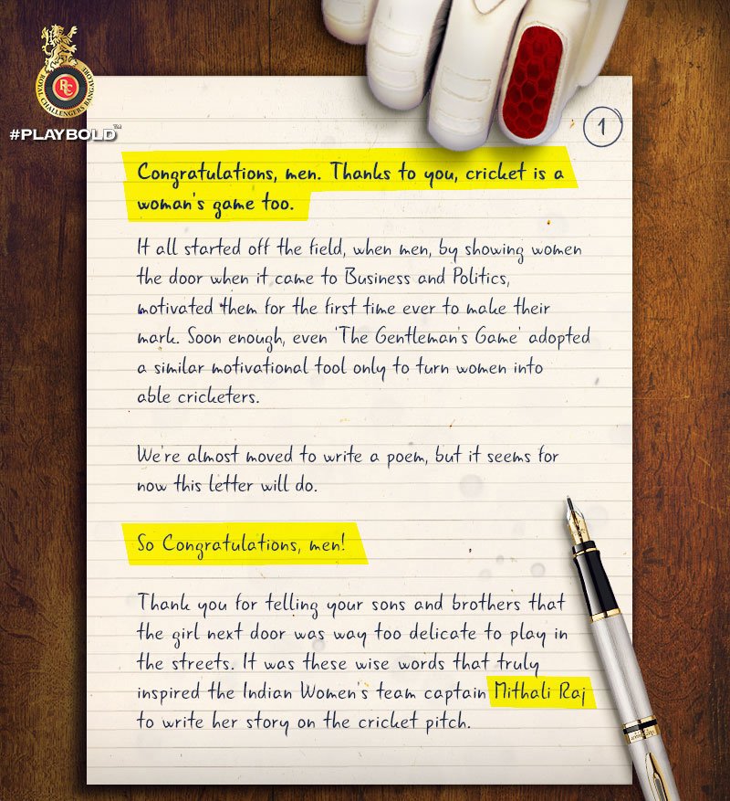 RCBTweets's tweet photo. We wish a Happy #WomensDay to all the men. #ItsHerGameToo #PlayBold https://t.co/oSlg6u9egp