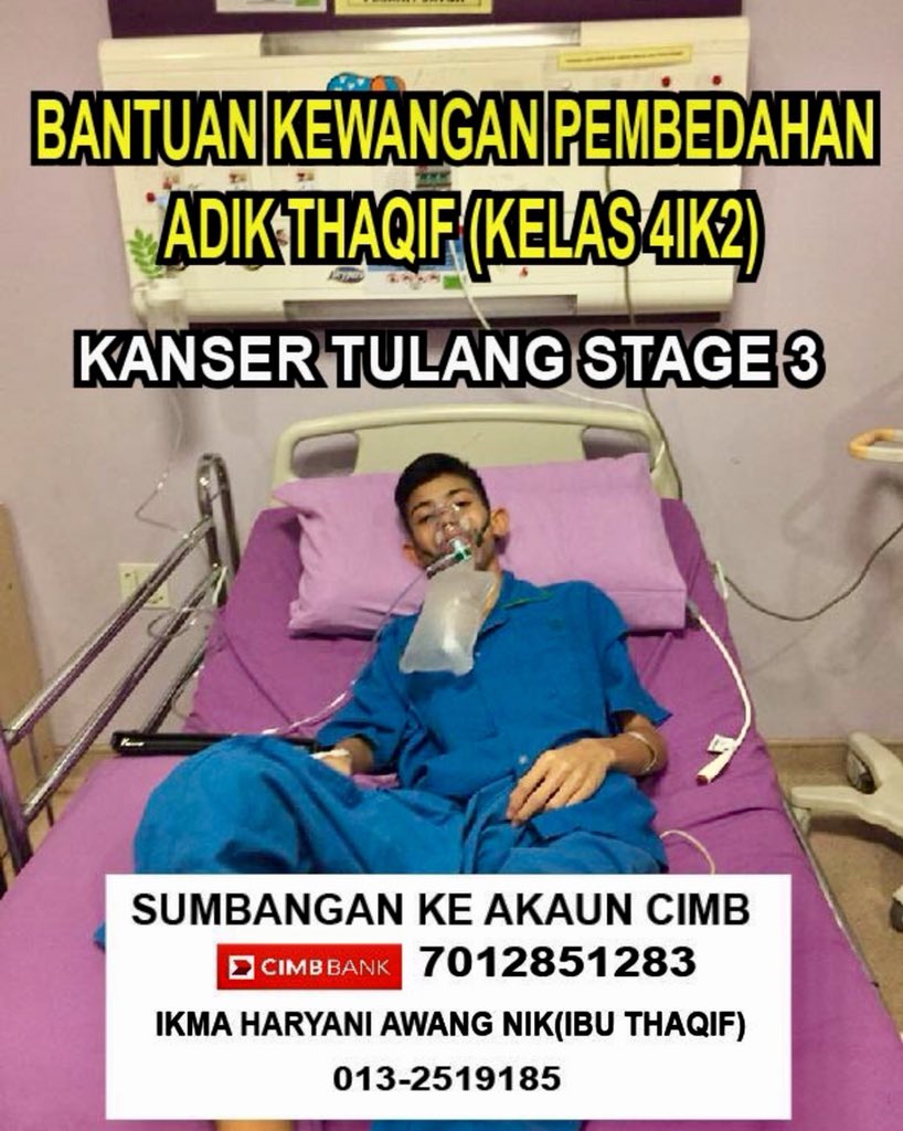 azahonn's tweet photo. Assalamualaikum 
Dukacita sy maklumkn seorg pelajar Ting 4 SMKS9 telah disahkan menghidap kanser tulang iaitu Mohd Thaqif dr Tg4IK2. Beliau memerlukan bantuan kos perubatannya RM26K di PPUM.Ibu bapanya peniaga Nasi Kerabu di hdpn masjid Sek18(Masjid Unta) https://t.co/vvoU1Wdxj3