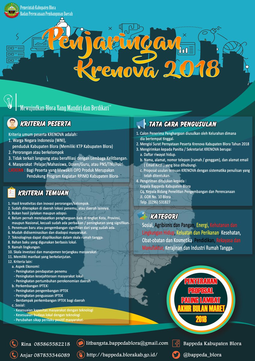 via @BappedaBlora :
Ayo ikuti Penjaringan Krenova 2018, guna untuk meningkatkan kreativitas dan fasilitasi hasil-hasil inovasi masyarakat untuk mendukung percepatan pembangunan di Kabupaten Blora, Jawa Tengah.