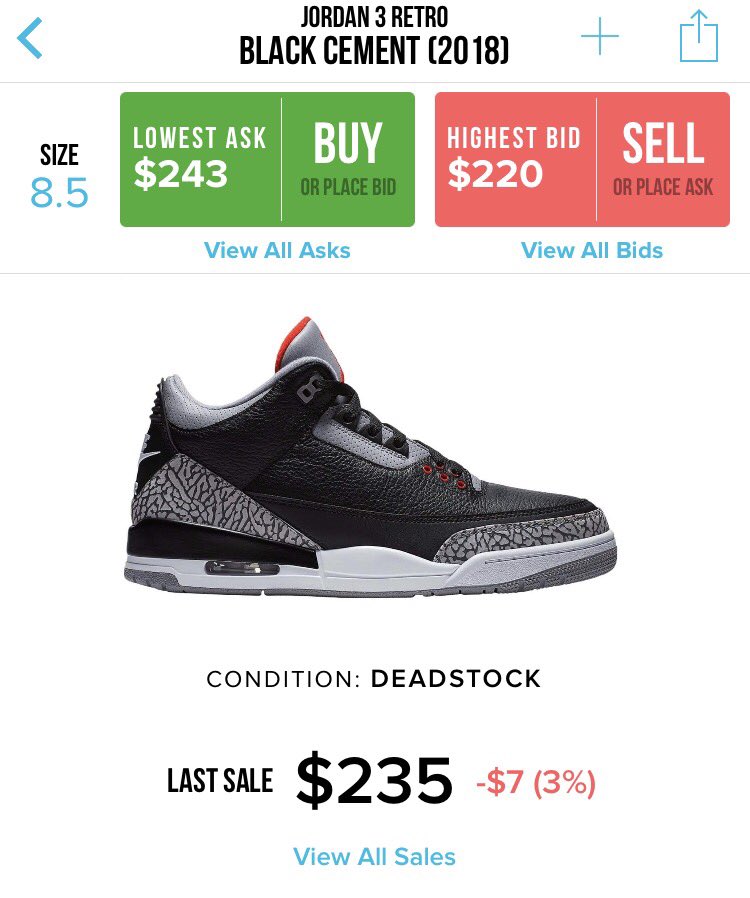 yipeebeast's tweet photo. Need to buy asap:
AJ3 Black Cement size 8.5US
AJ3 Black Cement (GS) size 6.5US

Buying if they're invoiced and the prices are below StockX.
Please Rt, Thanks very much! 
Random rt gets $5 when bought! https://t.co/lIpCZciNUw