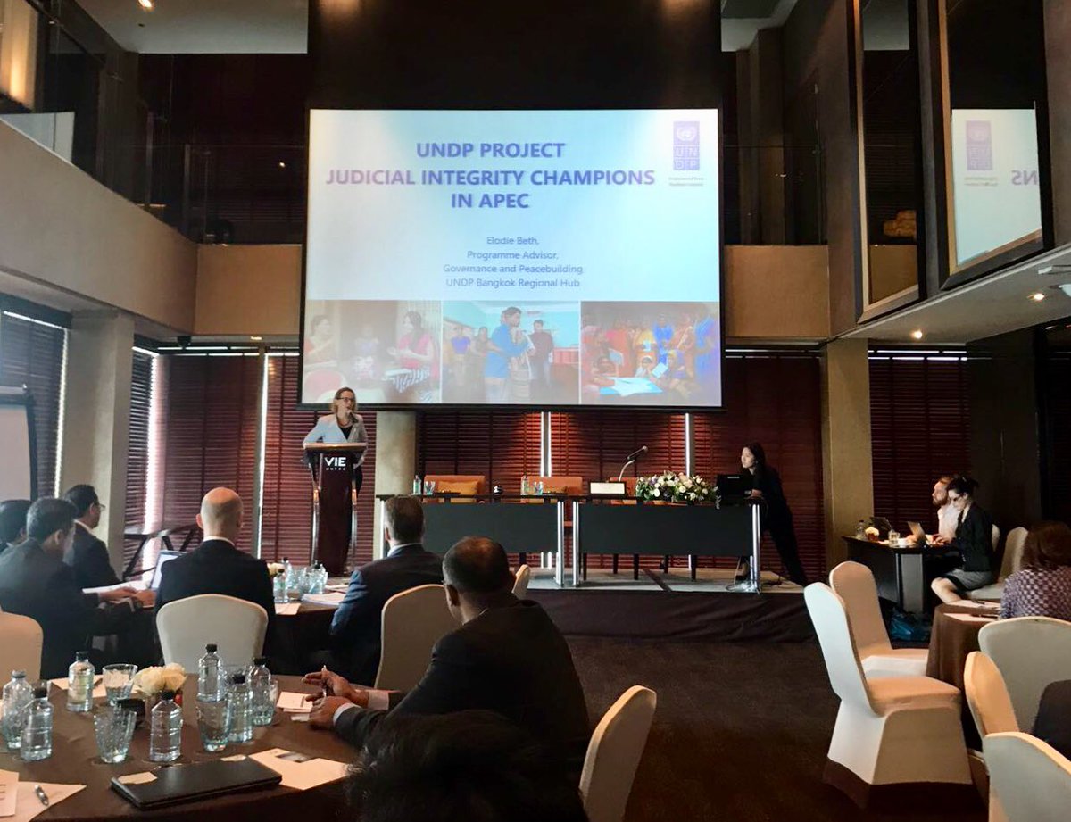 UNDPasiapac's tweet photo. .@BethElodie introducing new #judicialintegrity champions in APEC project - will build on existing efforts to support peer learning network among judges n codesign tgt selfassessment methodology w/ judicial integrity as part of #courtexcellence https://t.co/4RYFcHto0S
