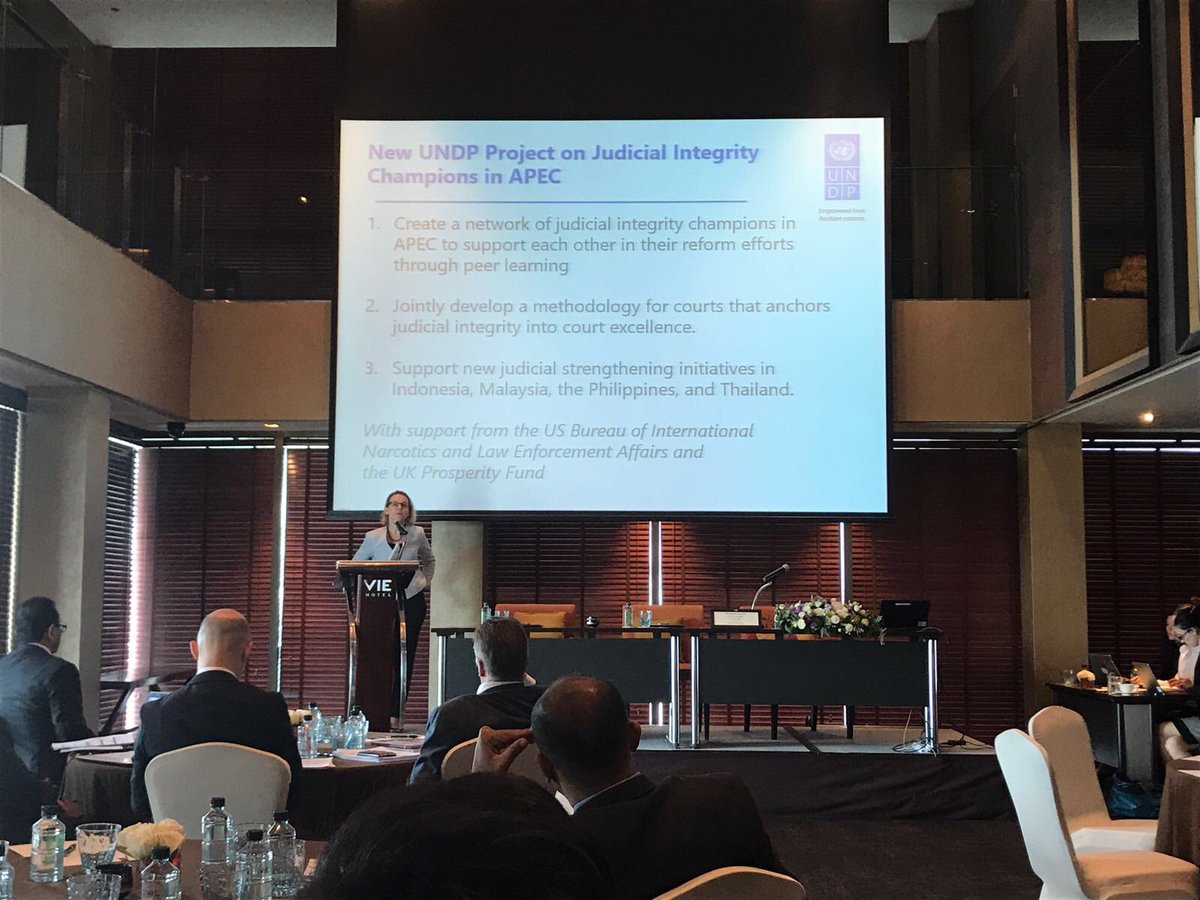 UNDPasiapac's tweet photo. .@BethElodie introducing new #judicialintegrity champions in APEC project - will build on existing efforts to support peer learning network among judges n codesign tgt selfassessment methodology w/ judicial integrity as part of #courtexcellence https://t.co/4RYFcHto0S