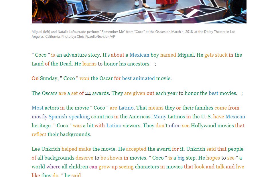セレン 英語キュレーター 初心者オススメツール カラフル英語品詞 分解 というchromeの拡張機能 すごくいい 主語 動詞 という様に色分けしてくれる 最初はとにかく品詞の理解が大事 Newsela の語彙数を600lとかに設定してコンボで使うと効果