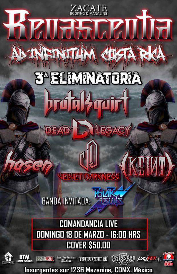 Domingo 18 de Marzo los esperamos en la 3a eliminatoria de Renascentia Ad Infinitum Costa Rica y poder tener la oportunidad de ir de tour con <a href="/animatempo/">Anima Tempo</a> una gran banda mexicana!! Necesitamos verlos ahí y apoyar a la escena. #DeadLegacyMx #metalmexicano #renascentiaadinfinitum