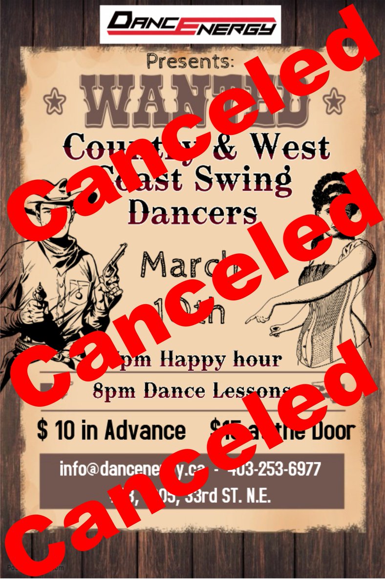 Dancenergy's tweet photo. We have to cancel our Country &amp; WCS Swing party this Saturday &amp; Every second Saturday of the month. Please call 403.253.6977 for more details. We look forward to seeing you on March 16th for our St. Paddy's day party! https://t.co/kj8ZwZuKvs