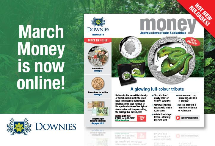 downies's tweet photo. A moment that defined modern history. A 22-carat controversy. A truly Remarkable Reptile… 
March Money has plenty of excitement and intrigue, and it’s online now! Shop the catalogue today! https://t.co/Pw1mADoG6e https://t.co/tzJfT6Yuml