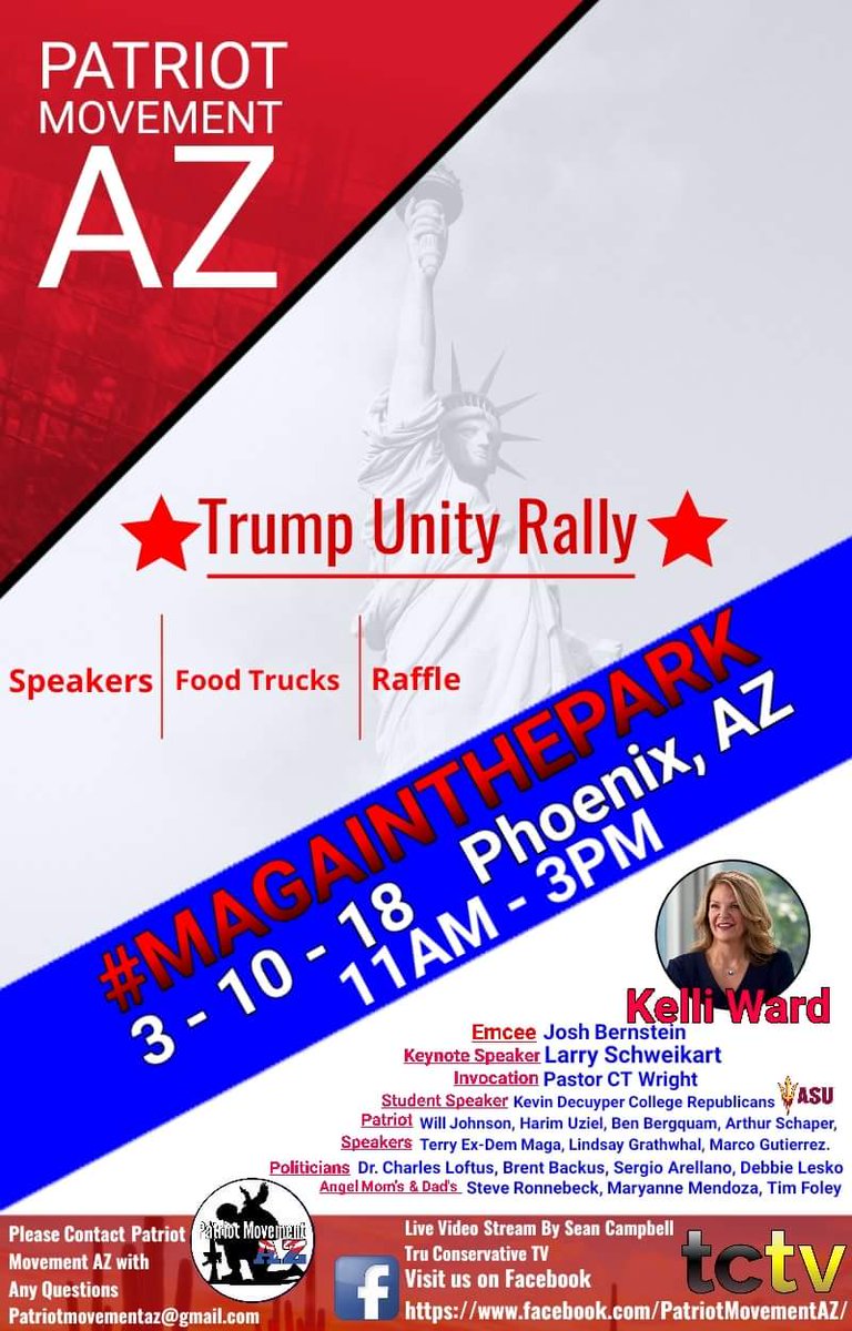 ArthurCSchaper's tweet photo. @az_movement JOIN ME @ TRUMP UNITY RALLY - MAGA IN THE #CactusPark
Register! ---> https://t.co/Ol2zthCtfP
@BBergquam
@MarcoGutierrez
Featured Guest: @kelliwardaz
Awesome coalition of #TrumpTrain Activists:
@LarrySchweikart
@lindsayg1978
AND MORE!
March 10, 2018 11-am 3pm https://t.co/LbfIzsYQuV