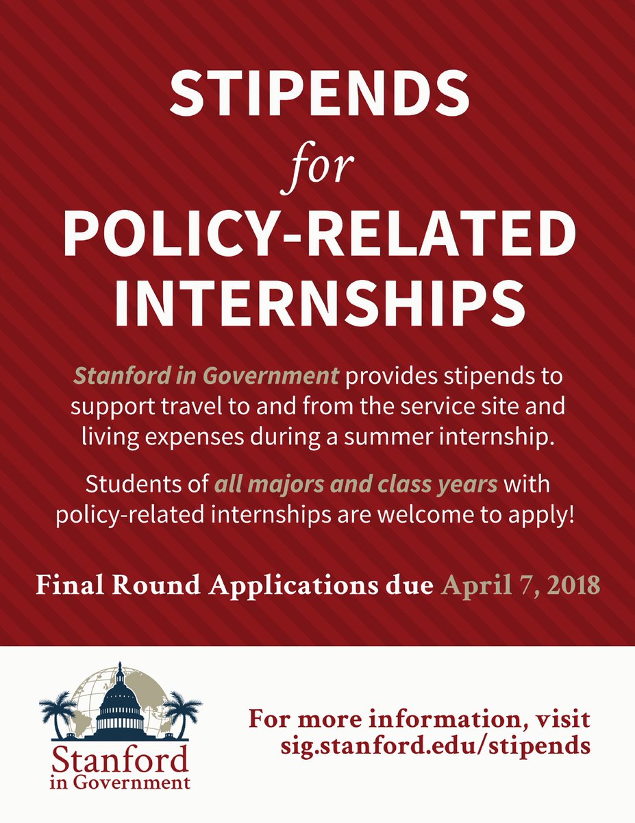 We are now accepting 2nd (and final!) round applications for SIG stipends!

Do you already have a policy-related internships lined up, but still need funding?

Visit sig.stanford.edu/stipends and apply!