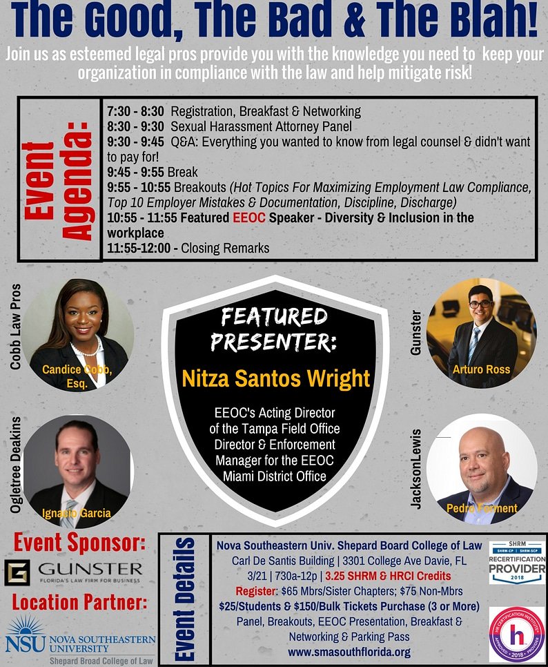 SMASouthFlorida's tweet photo. Event Update: 3.25 #SHRM & #HRCI Recert Credits Available! Register: https://t.co/z2dWAM9X9Z! #EmploymentLaw #EEOC #Diversity #Inclusion #SexualHarassment #LegalEvent #Networking #Attorneys #Gunster #JacksonLewis #OgletreeDeakins #MiamiDad #Broward #PalmBeach #HR #HRFL #Breakfast https://t.co/SWRSevvI8L