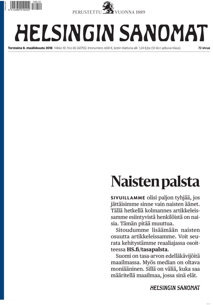 hsfi's tweet photo. Sivullamme olisi paljon tyhjää, jos jättäisimme sinne vain naisten äänet. Tällä hetkellä kolmannes artikkeleissamme esiintyvistä henkilöistä on naisia. Tämän pitää muuttua. Sitoudumme lisäämään naisten osuutta artikkeleissamme. Seuraa kehitystämme: https://t.co/hdUq9gAYcb https://t.co/cJ8wDhVin6