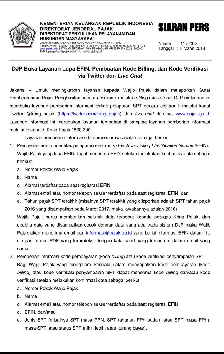 DitjenPajakRI's tweet photo. #SiaranPers DJP Buka Layanan Lupa EFIN, Pembuatan Kode Billing, dan Kode Verifikasi via Twitter dan Live Chat https://t.co/blEXjm42I9