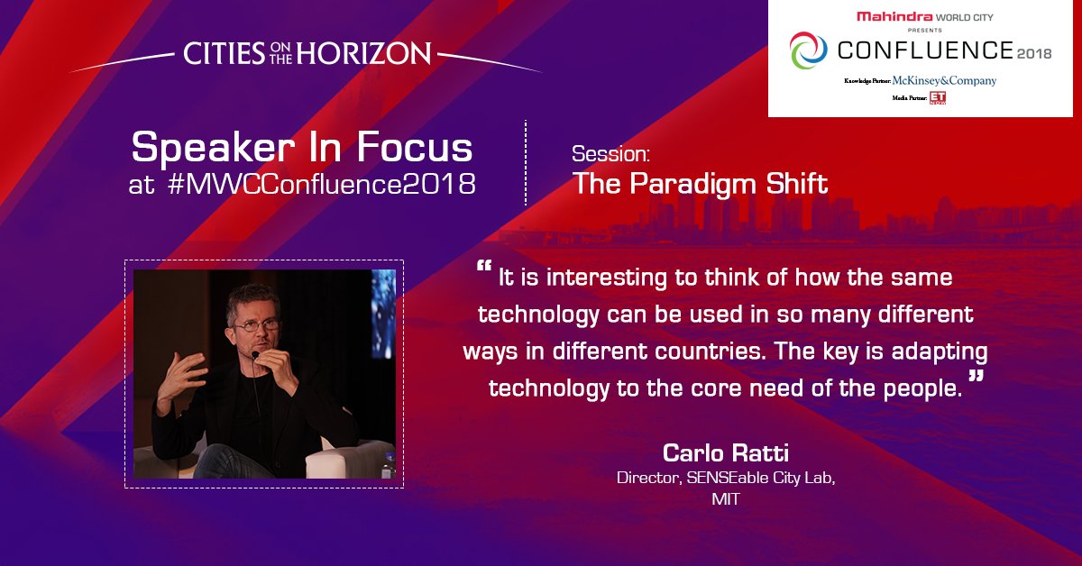 Mah_WorldCity's tweet photo. Prof. Carlo Ratti, Director, MIT @SenseableCity, spoke about the emerging areas of ‘Sense-able #Mobility’ and how #digital systems are transforming #urban life, as part of session ‘The Paradigm Shift’ at #MWCConfluence2018 #CitiesOnTheHorizon. Watch: https://t.co/DUTAIhk5aU https://t.co/NclXWqiRmw