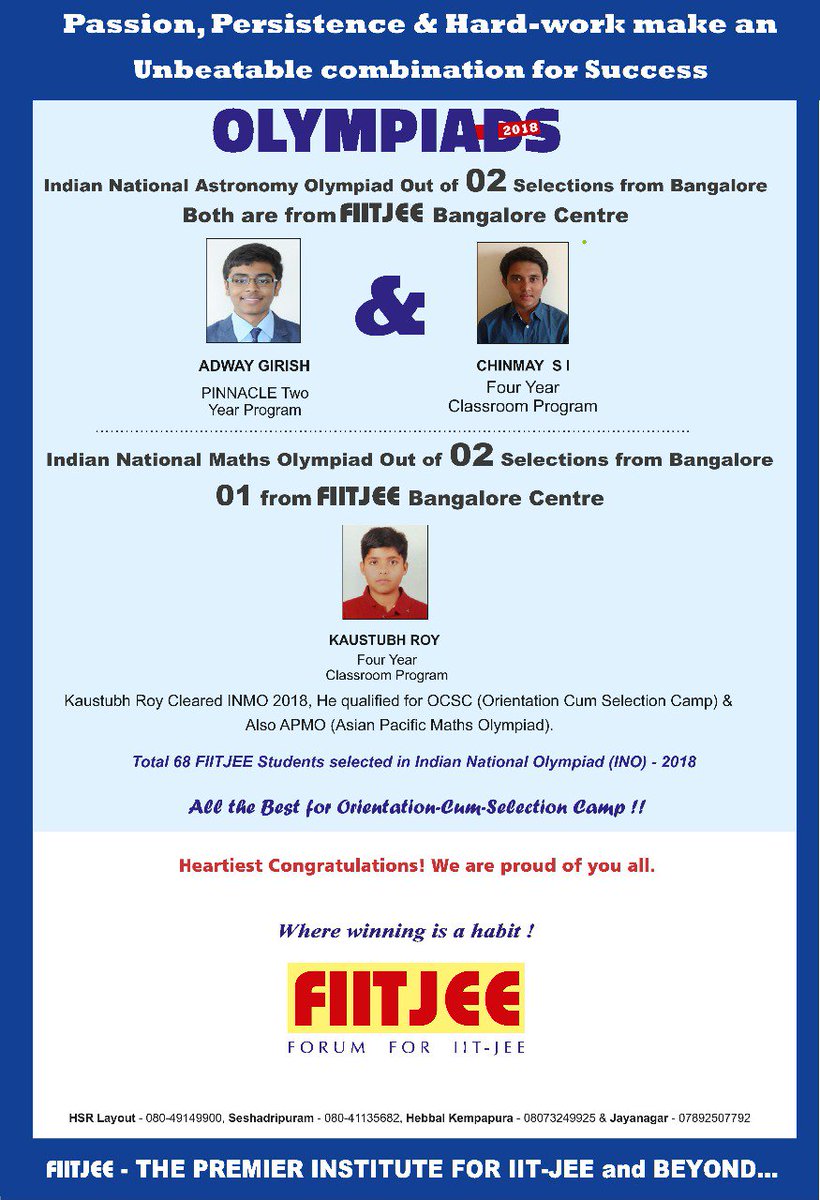 FiitjeeB's tweet photo. We are proud to announce that our FIITJEE students from Bangalore centre have been selected for Indian National Olympiad(INO)-2018 https://t.co/7nCrFCnxRT