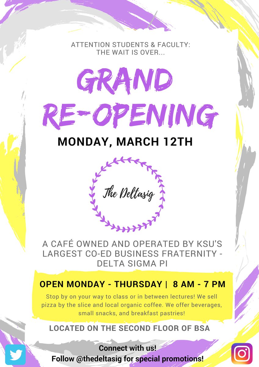 We are officially re-opening this Monday, March 12th! 🍕☕️🍌🍎🍴 Please support #ΔΣΠ and grab a snack during the week! Follow us for special promotions 💜💛