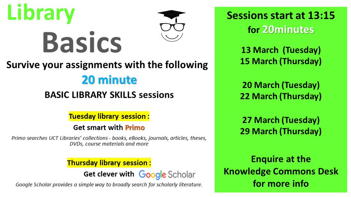 NurooDavids's tweet photo. Survive your assignments by joining us at a quick 20 min basic library skills session in the Knowledge Commons, UCT Libraries. @UCTLibrary https://t.co/Qwwg3trE7s