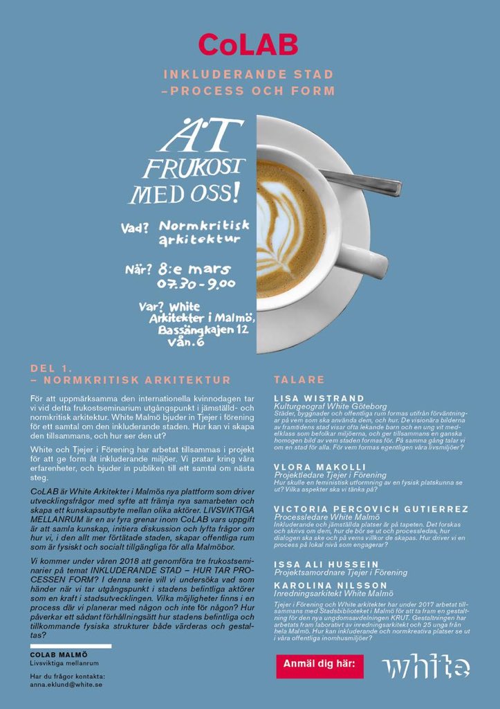 Fullbokat 🙌🏼 på dagens frukostseminarium på White Malmö på temat #normkritiskarkitektur och #inkluderandestad med organisationen #tjejeriförening. Hur skapas en inkluderande stad ut och hur ser den ut? #CoLAB #Whitearkitekter