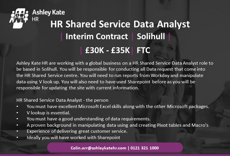 Fantastic new HR Shared services Data Analyst - Interim Contract role based in Solihull.
#HR #Data #analyst #shared #interim #contract #Solihull 
<a href="/JacquiWallHR/">Jacqui Wall</a> @AshleyKateHR