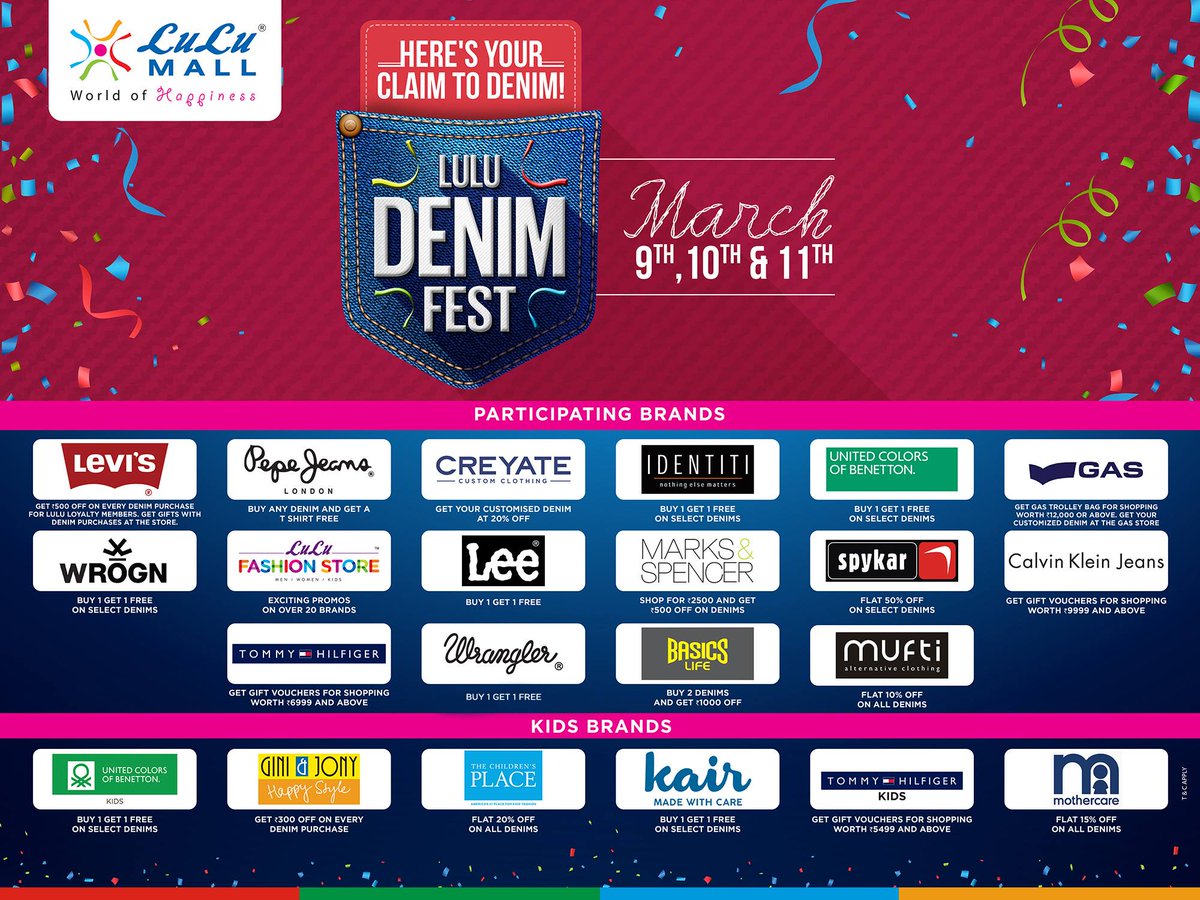 LuLu Fashion Store on X: LuLu Mall presents you with LuLu Denim Fest  featuring Spring Summer Denim Collections of over 30 brands!! Offer  starting from March 9th onwards!! #LuLuDenimFest #LuLuFashionStore  #LuLuMall  /