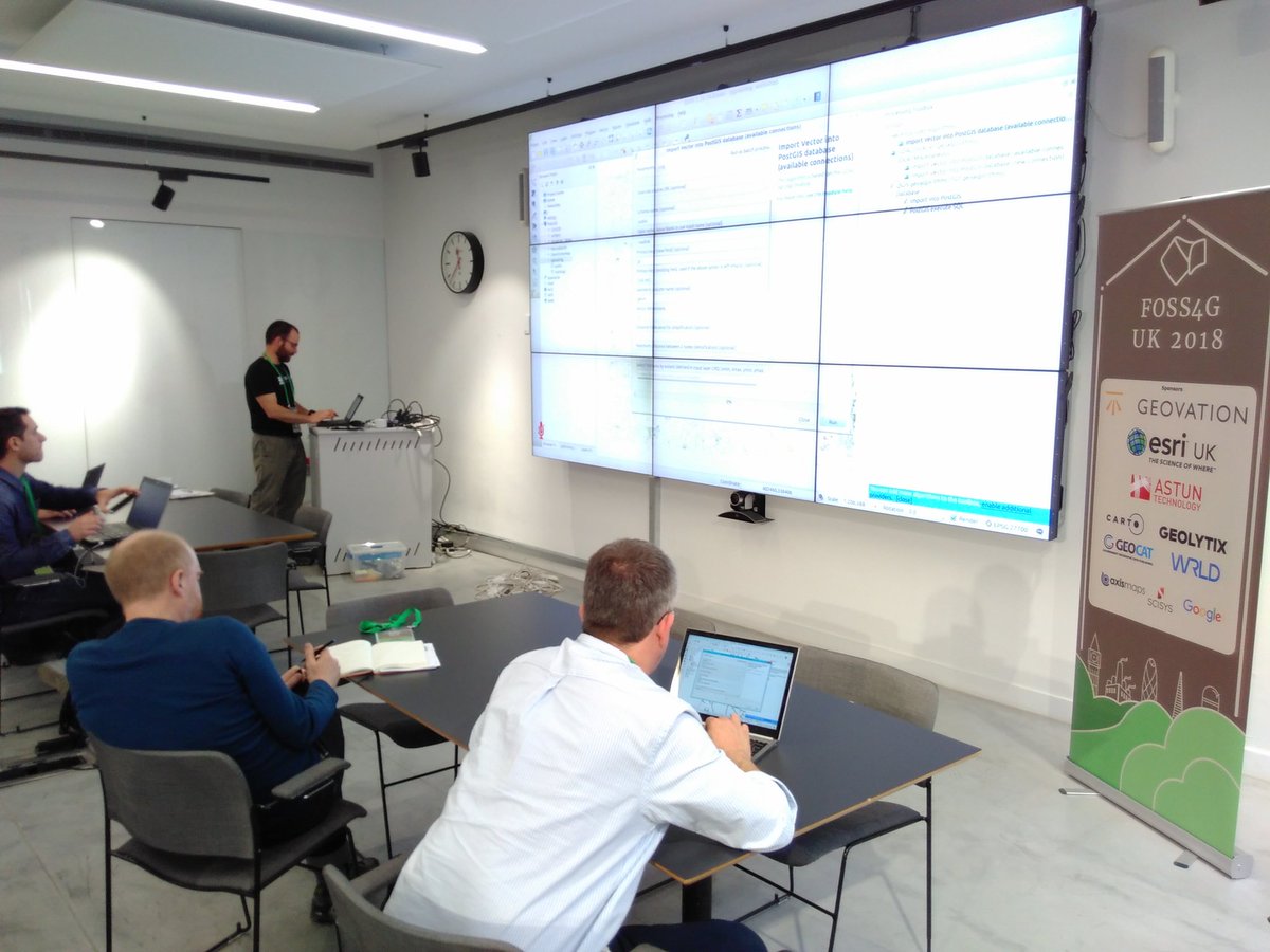 NickBearmanUK's tweet image. All going well in #pgrouting workshop #FOSS4GUK with @mixedbredie