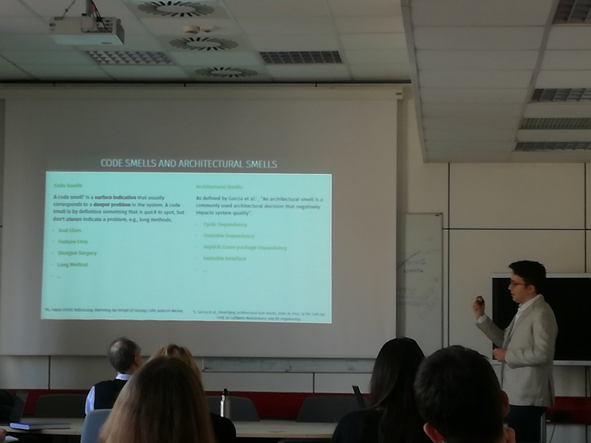vaccarobtc's tweet image. 'Code smells and architectural smells' #gitlog analysis in PhD presentation by @RovedaRiccardo #QoS #unimib #PhD #smell