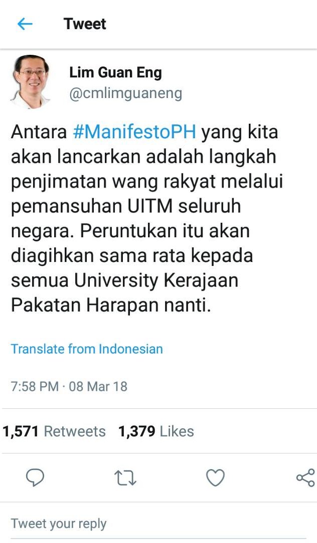 Ok! Tiada lagi UITM. Jom undi PH ! 
#ManifestoPH