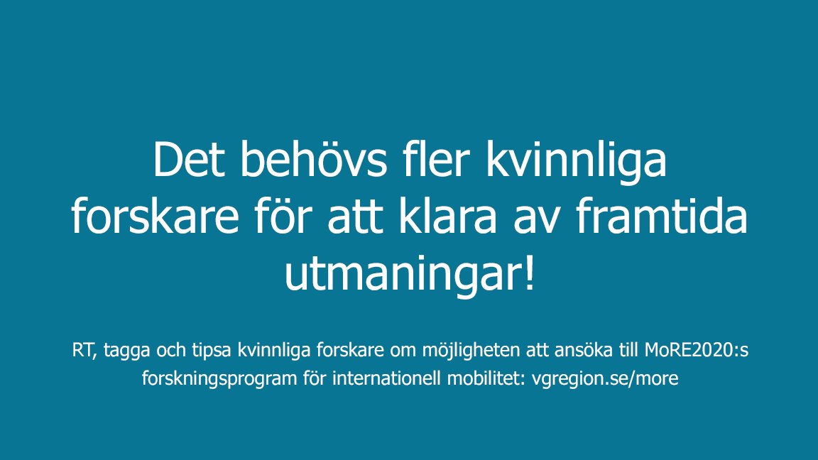 Vi vill stödja fler kvinnliga forskare från <a href="/goteborgsuni/">Göteborgs universitet / University of Gothenburg</a> <a href="/chalmersuniv/">Chalmers University of Technology</a> @University_West <a href="/hogskolaniboras/">Högskolan i Borås</a> <a href="/HogskolanSkovde/">Högskolan i Skövde</a> @_SLU. Läs mer och sök bidrag för att forska utomlands på vgregion.se/more
 #internationalwomensday #8mars #internationellakvinnodagen #womeninscience