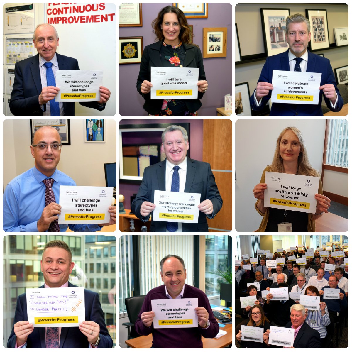 Wesleyan's tweet photo. At Wesleyan, we passionately believe in gender parity and equal opportunity for all. Our senior management team are actively pressing for progress, and have each made a #PressforProgress pledge. #IWD2018 https://t.co/5t1NBmp5cj